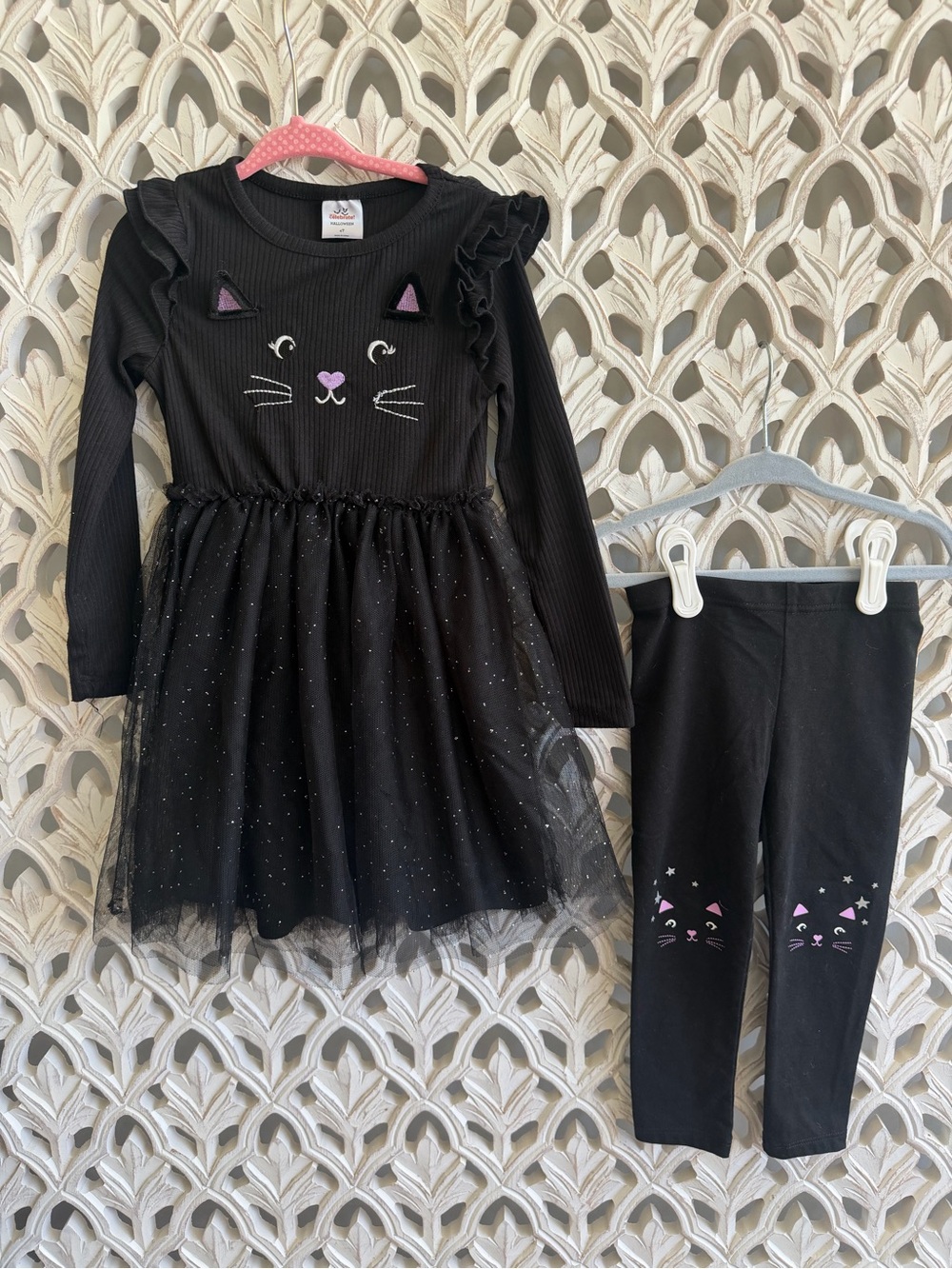 Girls Halloween Black Cat Dress & Leggings Set 4T Tulle Sparkle Costume Outfit